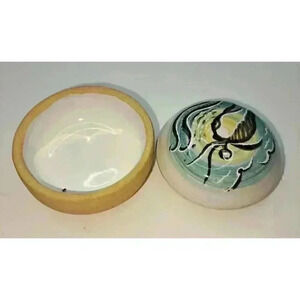 Vintage Round  Ceramic Jewelry Trinket Box  Small‎ Aqua White